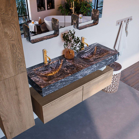 Mondiaz ALAN-DLUX Ensemble de meuble - 130cm - meuble Washed Oak mat - 2 tiroirs - Lavabo Cloud Lava suspendu - vasque Gauche et droite - 2 trous de robinet SW808856