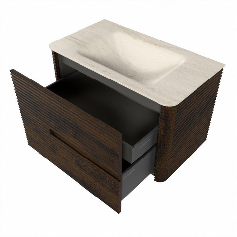Mondiaz CIRO-DLUX Meuble de salle de bains - 80x45x50cm - lavabo en solid surface Meli - 1 vasque au centre - sans trous de robinet - 2 tiroirs - Noyer SW1530514