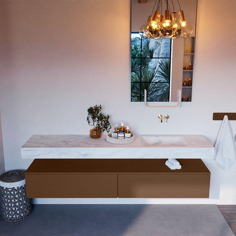 Mondiaz ALAN-DLUX Ensemble de meuble - 200cm - meuble Rust mat - 2 tiroirs - Lavabo Cloud Opalo suspendu - vasque Droite - 0 trous de robinet SW806705