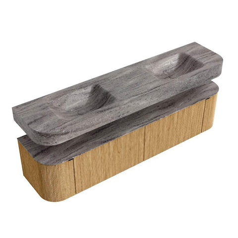 MONDIAZ THOR-DLUX 190cm meuble de salle de bains arrondi gauche + droite couleur Oak avec 2 tiroirs et 2 portes. Vasque suspendue CLOUD Double 2 trous de robinet couleur Oza. SW1466809