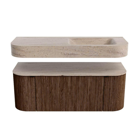 MONDIAZ THOR-DLUX 120cm badmeubel ronding links + rechts kleur Walnut met 1 lade en 2 deuren. Vrijhangende wastafel CLOUD Rechts 1 kraangat kleur Saba. SW1463459