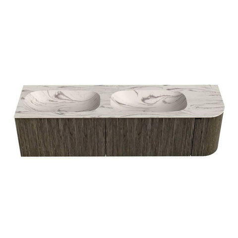 MONDIAZ KURVE-DLUX meuble de salle de bains 165cm arrondi à droite couleur Shadow avec 2 tiroirs et 1 porte. Lavabo STOR SMALL Double / gauche sans trou de robinet Nata. SW1432344
