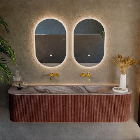 MONDIAZ KURVE-DLUX 170cm badmeubel ronding Links + Rechts kleur Ruby met 1 lade en 2 deuren. Wastafel BIG LARGE Midden zonder kraangat Sombra. SW1433973