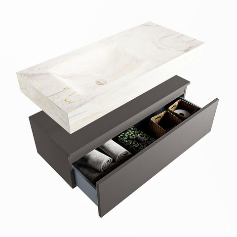 Mondiaz ALAN-DLUX Ensemble de meuble - 100cm - meuble Dark grey mat - 1 tiroir - Lavabo Cloud Ostra suspendu - vasque Gauche - 0 trous de robinet SW807274