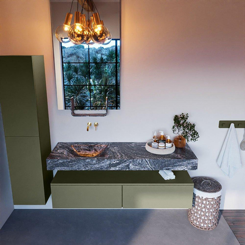 Mondiaz ALAN-DLUX Ensemble de meuble - 150cm - meuble Army mat - 2 tiroirs - Lavabo Cloud Lava suspendu - vasque Gauche - 0 trous de robinet SW808444