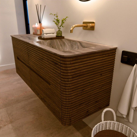 Mondiaz CIRO-DLUX Badkamermeubelset - 130x45x50cm - Solid surface wastafel Sombra - 1 wasbak Rechts - zonder kraangaten - 4 lades - Dusk SW1533398