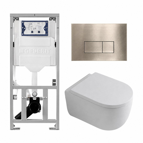 QeramiQ Dely Swirl Toiletset - 36.3x51.7cm - Geberit UP320 inbouwreservoir - met Burda frame - 35mm zitting - geborsteld messing bedieningsplaat - rechthoekige knoppen - glans wit SW1138652