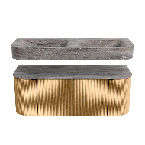MONDIAZ THOR-DLUX 120cm meuble de salle de bains arrondi gauche + droite couleur Oak avec 1 tiroir et 2 portes. Vasque suspendue CLOUD Double 2 trous de robinet couleur Oza. SW1463395