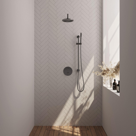 BRAUER Gunmetal Edition douche thermostatique encastrée - 3 voies - rond - ensemble 87 - douche principale de 20 cm - bras de mur courbé - douchette à main - flexible de douche - barre de douche intégrée - gunmetal brossé PVD SW1159163