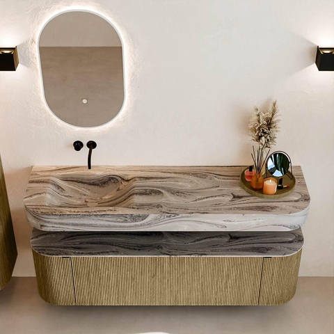MONDIAZ THOR-DLUX 160cm meuble de salle de bains arrondi gauche + droite couleur Dusk avec 1 tiroir et 2 portes. Vasque suspendue CLOUD Gauche sans trou de robinet couleur Sombra. SW1465375