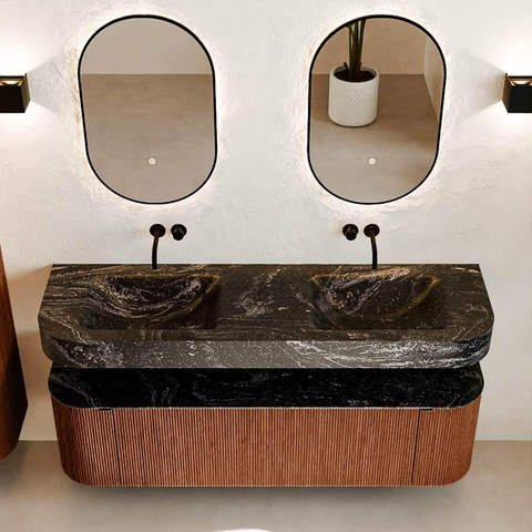 MONDIAZ THOR-DLUX 160cm meuble de salle de bains arrondi gauche + droite couleur Ruby avec 1 tiroir et 2 portes. Vasque suspendue CLOUD Double sans trou de robinet couleur Lava. SW1465172