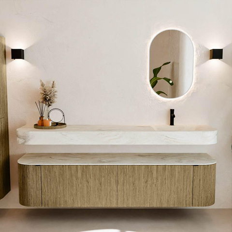 MONDIAZ THOR-DLUX Meuble de salle de bains 190cm arrondi gauche + droite couleur Dusk avec 2 tiroirs et 2 portes. Vasque suspendue CLOUD Droite 1 trou de robinet couleur Ostra. SW1466502