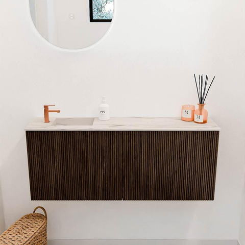 Mondiaz JOYA-DLUX 100cm toiletmeubel - kleur Walnut - Wastafel FAYE positie Links 1 kraangat kleur Nata. SW1424506