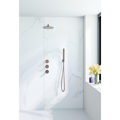 Fortifura Nebbio Ensemble de douche pluie - robinet encastré - élément encastré - coude mural de raccordement - flexible de douche métal - douchette à main barre - bras mural 35cm - pomme de douche ronde 25cm - cuivre brossé PVD SW1481439