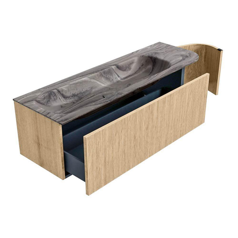 MONDIAZ KURVE-DLUX 145cm meuble de salle de bains arrondi droit couleur chêne avec 1 tiroir et 1 porte. Vasque BIG LARGE gauche sans trou de robinet Sombra. SW1433571