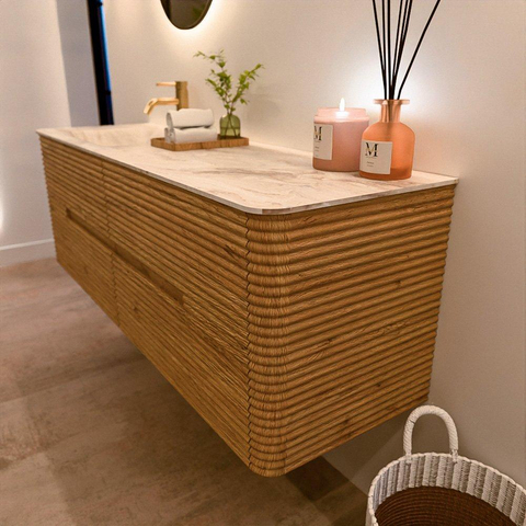 Mondiaz CIRO-DLUX Ensemble de meubles de salle de bains - 150x45x50cm - Vasque solid surface Frappe - 1 lavabo à gauche - 1 trou de robinet - 4 tiroirs - Chêne SW1530875