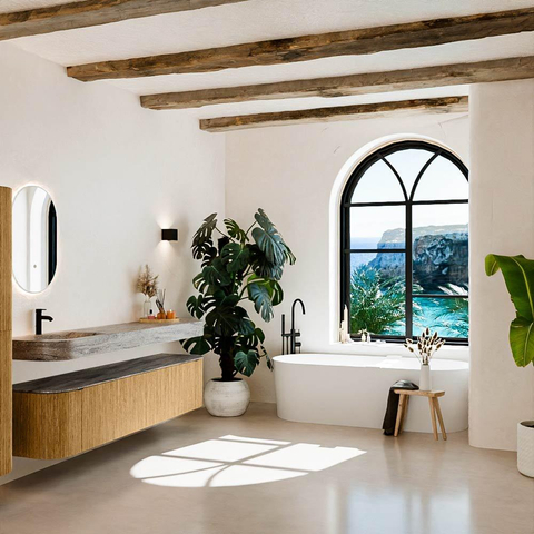 MONDIAZ THOR-DLUX Meuble de salle de bains - 200cm - arrondi gauche + droite - couleur Oak - 2 tiroirs et 2 portes - Vasque suspendue CLOUD Gauche 1 trou de robinet couleur Oza SW1467184
