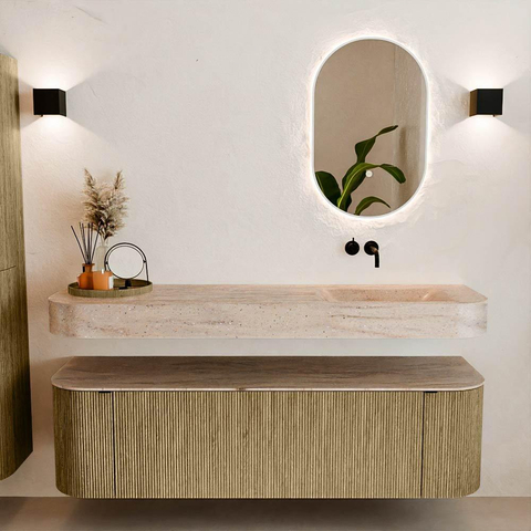MONDIAZ THOR-DLUX 160cm meuble de salle de bains arrondi gauche + droite couleur Dusk avec 1 tiroir et 2 portes. Vasque suspendue CLOUD Droite sans trou de robinet couleur Saba. SW1465360