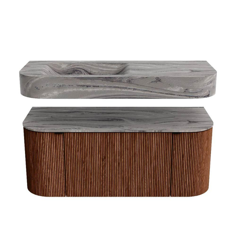 MONDIAZ THOR-DLUX Meuble de salle de bains 110cm arrondi gauche + droite couleur Ruby avec 1 tiroir et 2 portes. Vasque suspendue CLOUD Gauche 1 trou de robinet couleur Sombra. SW1463037
