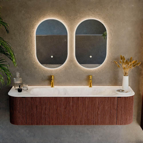 Mondiaz KURVE-DLUX Ensemble de meubles de salle de bains - 170x46x40cm - 1 tiroir - 2 portes - lavabo solid surface - central - 2 trous de robinet - Ruby SW1415678