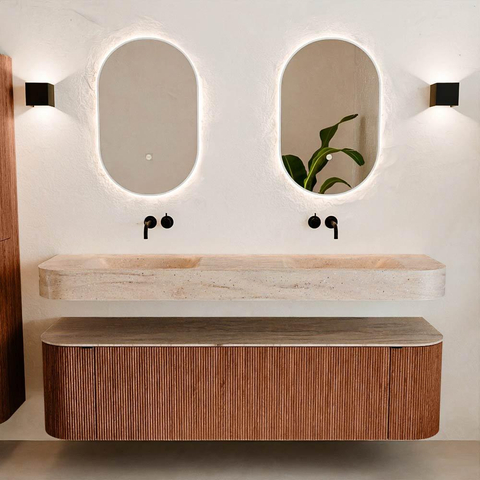 MONDIAZ THOR-DLUX 170cm meuble de salle de bains arrondi gauche + droite couleur Ruby avec 1 tiroir et 2 portes. Vasque suspendue CLOUD Double sans trou de robinet couleur Saba. SW1465748