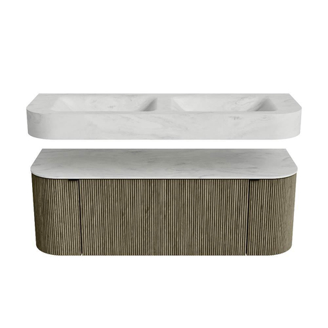 MONDIAZ THOR-DLUX 130cm meuble de salle de bains arrondi gauche + droite couleur Shadow avec 1 tiroir et 2 portes. Vasque suspendue CLOUD Double sans trou de robinet couleur Opalo. SW1463773