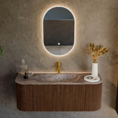 MONDIAZ KURVE-DLUX Meuble de salle de bains 120 cm arrondi Gauche + Droite couleur Walnut avec 1 tiroir et 2 portes. Lavabo BIG SMALL Milieu 1 trou de robinet Oza. SW1432718
