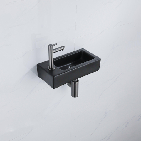FugaFlow Efficiente Pietra Ensemble de fontaine - 37,5x18,5x9cm - céramique - trou de robinet à gauche - robinet de fontaine gunmetal - bouchon de vidange - siphon abaissé - Noir mat SW1442324