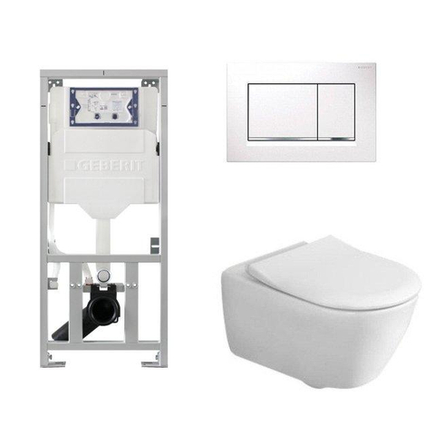 Villeroy & Boch Subway 2.0 inbouwset - met diepspoel wandcloset directflush slimseat zitting afdekplaat Sigma - 30 dualflush wit/verchroomd - glans (wit) SW209118