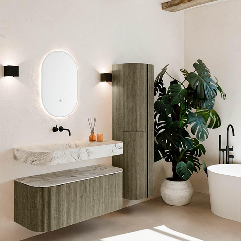 MONDIAZ THOR-DLUX 110cm meuble de salle de bains arrondi gauche + droite couleur Shadow avec 1 tiroir et 2 portes. Vasque suspendue CLOUD Milieu sans trou de robinet couleur Glace. SW1462857