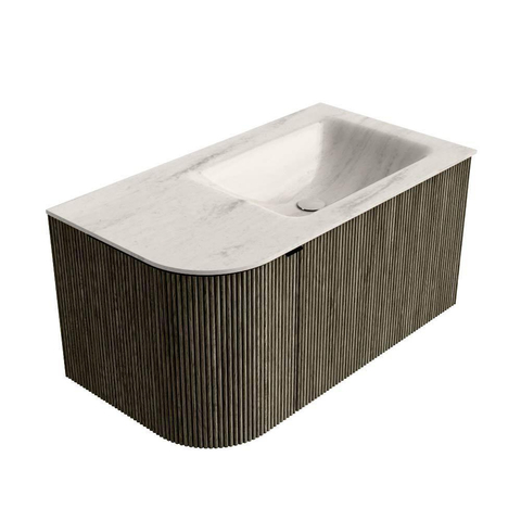 MONDIAZ KURVE-DLUX 85cm badmeubel ronding Links kleur Shadow met 1 lade en 1 deur. Wastafel CLOUD Rechts 1 kraangat Meli. SW1431761