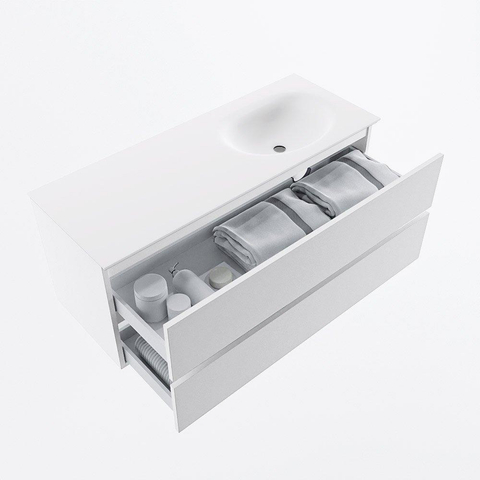 MONDIAZ VICA meuble sous lavabo 120cm Talc 2 tiroirs. Lavabo MOON droite 1 trou de robinet, couleur Talc. SW1381919