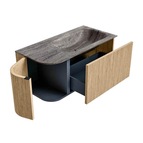 MONDIAZ KURVE-DLUX Meuble de salle de bains 95cm arrondi à gauche couleur Chêne avec 1 tiroir et 1 porte. Lavabo BIG SMALL à droite 1 trou de robinet Oza. SW1432626