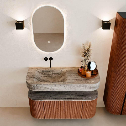 MONDIAZ THOR-DLUX 110cm meuble de salle de bains arrondi gauche + droite couleur Ruby avec 1 tiroir et 2 portes. Vasque suspendue CLOUD Gauche sans trou de robinet couleur Oza. SW1463032