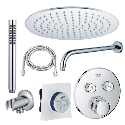 Grohe ensemble de douche grohtherm avec douche de tête, bras mural de 30 cm, douchette à main et support de flexible de douche chrome SW811933