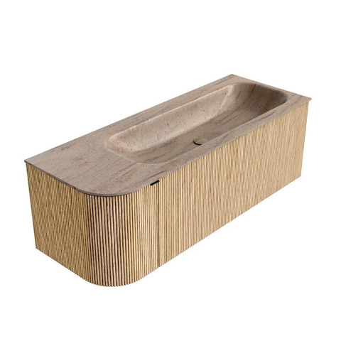 MONDIAZ KURVE-DLUX Meuble de salle de bains 125cm arrondi Gauche couleur Chêne avec 1 tiroir et 1 porte. Lavabo BIG MEDIUM Droite sans trou de robinet Saba. SW1433071
