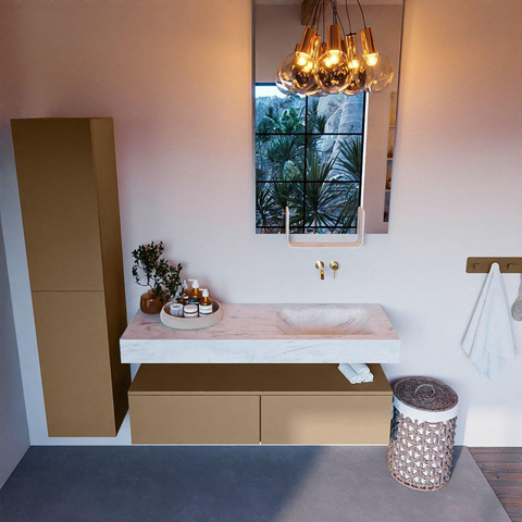 Mondiaz ALAN-DLUX Ensemble de meuble - 130cm - meuble Oro mat - 2 tiroirs - Lavabo Cloud Opalo suspendu - vasque Droite - 0 trous de robinet SW806913