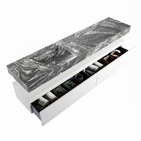 Mondiaz ALAN-DLUX Ensemble de meuble - 200cm - meuble Talc mat - 2 tiroirs - Lavabo Cloud Lava suspendu - vasque Gauche - 0 trous de robinet SW807845