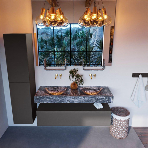 Mondiaz ALAN-DLUX Ensemble de meuble - 130cm - meuble Dark grey mat - 1 tiroir - Lavabo Cloud Lava suspendu - vasque Gauche et droite - 0 trous de robinet SW808103