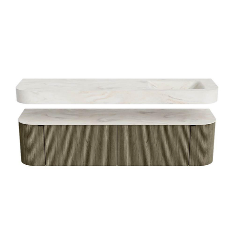 MONDIAZ THOR-DLUX 180cm meuble de salle de bains arrondi gauche + droite couleur Shadow avec 2 tiroirs et 2 portes. Vasque suspendue CLOUD Droite 1 trou de robinet couleur Ostra. SW1466120