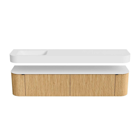 MONDIAZ THOR Meuble de salle de bains - 200cm - arrondi gauche + droite - couleur Oak - 2 tiroirs - 2 portes - Vasque suspendue CLOUD Gauche sans trou de robinet - couleur Talc SW1466930