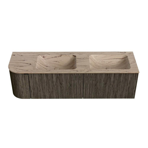 MONDIAZ KURVE-DLUX meuble de salle de bains 155 cm arrondi à gauche couleur Shadow avec 2 tiroirs et 1 porte. Lavabo LEAF Double / à droite sans trou de robinet Arena. SW1431303