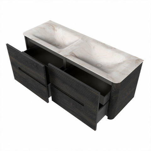 Mondiaz CIRO-DLUX Badkamermeubelset - 130x45x50cm - Solid surface wastafel Frappe - 2 wasbak Dubbel - 2 kraangaten - 4 lades - Shadow SW1532016