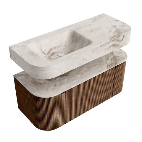 MONDIAZ THOR-DLUX 110cm badmeubel ronding links + rechts kleur Walnut met 1 lade en 2 deuren. Vrijhangende wastafel CLOUD Links 1 kraangat kleur Frappe. SW1462795