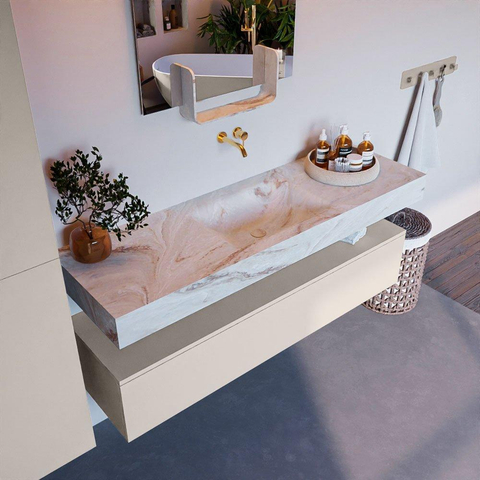 Mondiaz ALAN-DLUX Ensemble de meuble - 150cm - meuble Linen mat - 1 tiroir - Lavabo Cloud Frappe suspendu - vasque Centre - 0 trous de robinet SW805793