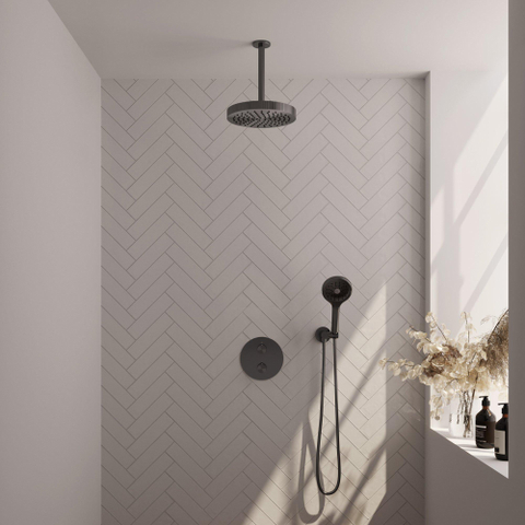 BRAUER Stripe Thermostatische Inbouw Regendouche - 3-weg - rond - SET 42 - 25cm douchekop - plafondarm - 3-standen handdouche - doucheslang - wandaansluitbocht - gunmetal geborsteld PVD SW1435013