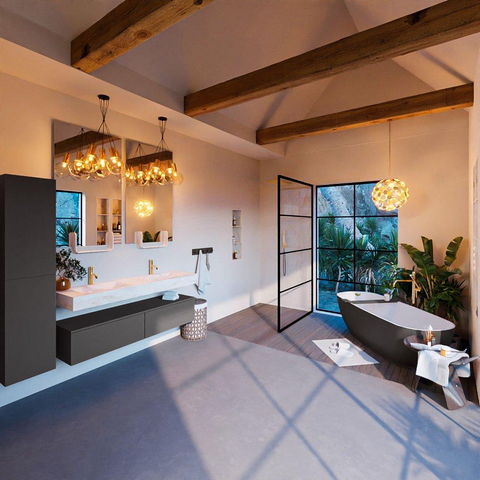 Mondiaz ALAN-DLUX Ensemble de meuble - 150cm - meuble Dark grey mat - 2 tiroirs - Lavabo Cloud Ostra suspendu - vasque gauche et droite - 2 trous de robinet SW807449