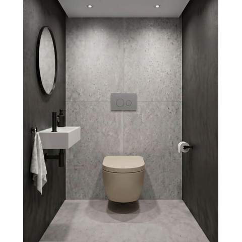 QeramiQ Dely Swirl Pack WC - 36,3x51,7cm - réservoir encastré Geberit UP720 Duofix Sigma - assise 35mm - plaque de déclenchement gris clair - boutons ronds - beige SW1413152