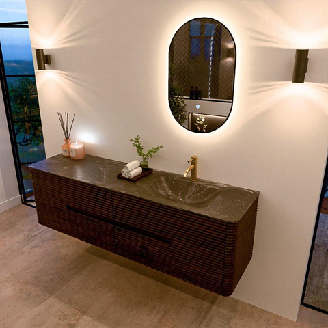 Mondiaz CIRO-DLUX Badkamermeubelset - 170x45x50cm - Solid surface wastafel Lava - 1 wasbak Rechts - 1 kraangat - 4 lades - Walnut SW1530158