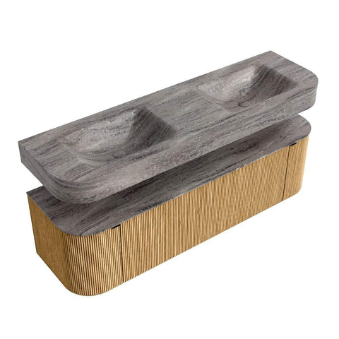 MONDIAZ THOR-DLUX Meuble de salle de bains - 160cm - arrondi gauche + droite - couleur Oak - 1 tiroir et 2 portes - Vasque suspendue CLOUD Double sans trou de robinet - couleur Oza SW1465296